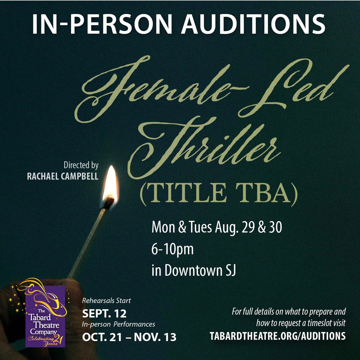 Casting Call! Due to licensing restrictions, we can't announce the title of our October show yet, but auditioners will be given more information. Visit tabardtheatre.org/auditions for all the details. We hope to see you there!