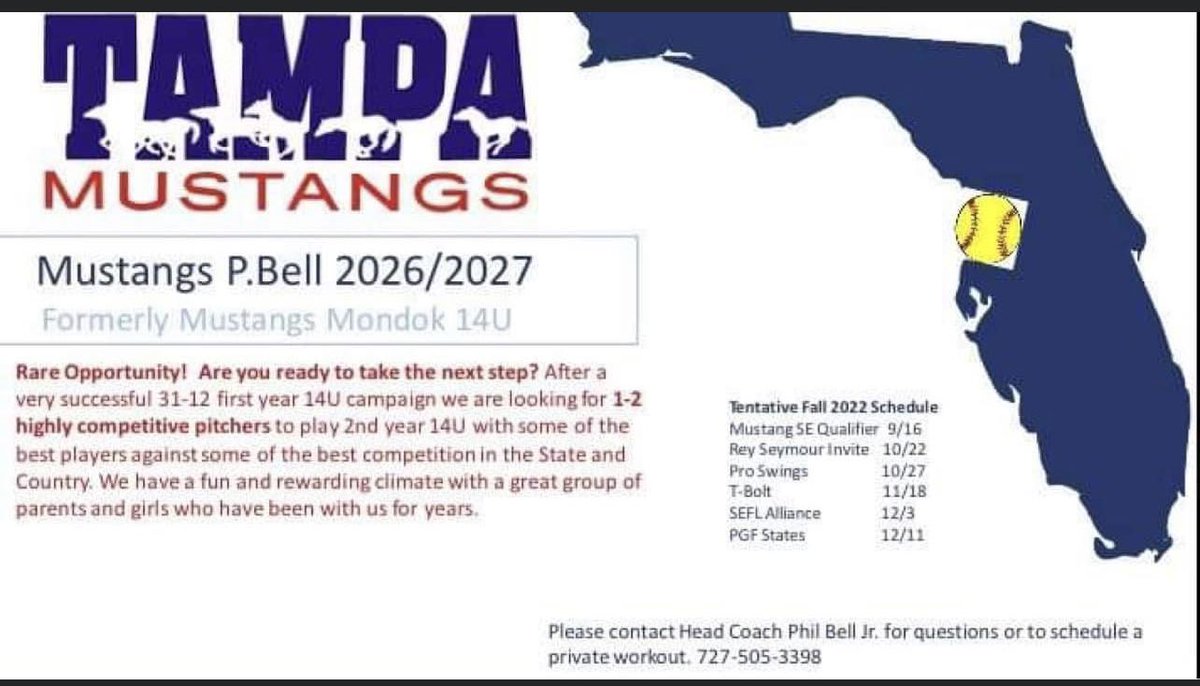 CoachBell11's tweet photo. Tampa Mustangs P.Bell 2026/2027 formerly Tampa Mustangs Mondok 14u has 1 open spot for a top notch pitcher and 1 position player. Rare opening on our team of great girls. We play against some of the best competition in the South and the Country. Come check us out! https://t.co/4g8RQuopjB