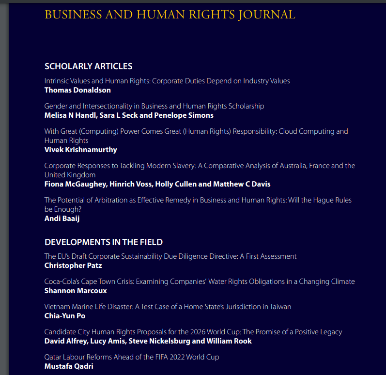 Surya Deva (@profsuryadeva) on Twitter photo Latest issue of <a href="/BHRJournal/">BHR Journal</a> is out! Read Thomas Donaldson's paper. Many other open access articles on topical issues - intersectionality, cloud computing, modern slavery, Hague Rules, EU Directive, FIFA World Cup etc.: cambridge.org/core/journals/… @bhrwettstein @ARamasastry Latest issue of <a href="/BHRJournal/">BHR Journal</a> is out! Read Thomas Donaldson's paper. Many other open access articles on topical issues - intersectionality, cloud computing, modern slavery, Hague Rules, EU Directive, FIFA World Cup etc.: cambridge.org/core/journals/… @bhrwettstein @ARamasastry