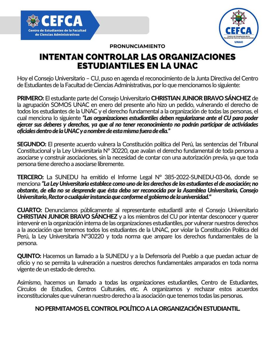 🚨 Estudiantes de la Universidad Nacional del Callao denuncian que el Consejo Universitario (CU) intentaría controlar sus organizaciones estudiantiles.

🚨Arcelia Rojas, rectora de la Nacional del Callao, promueve la contrarreforma universitaria. Las mafias regresan.