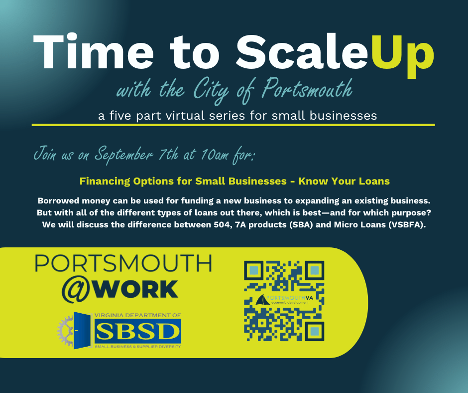 It's Time to ScaleUp with the City of Portsmouth for episode two in our five part virtual series for small businesses on Wednesday, September 7th!

Scan the QR code to register.
