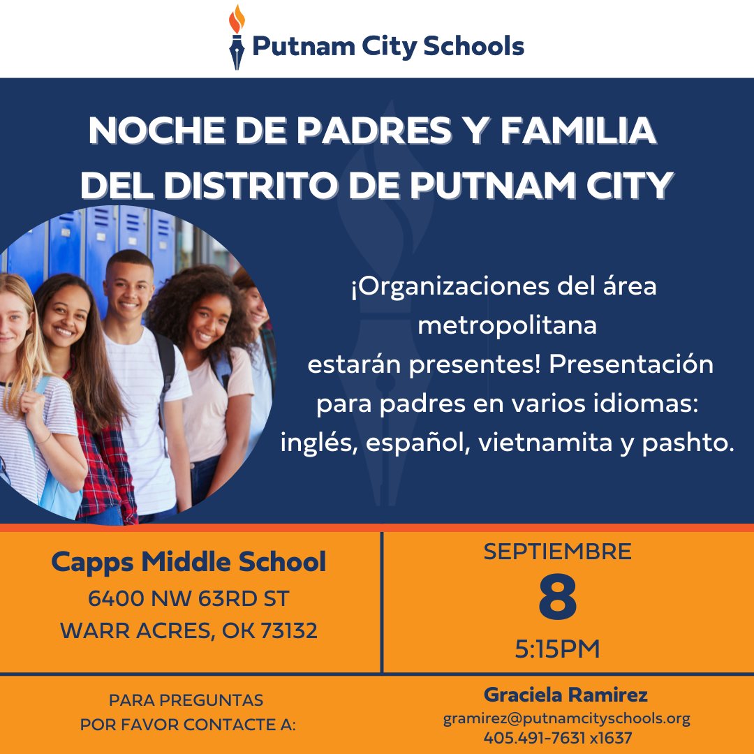 PutnamCityOK's tweet photo. Join us for Putnam City Parent and Family Night! Meet families from all over the District, visit booths and learn about resources the District offers!  
📆 September 8, 2022
🕔 5:15 P.M.
📍Capps Middle School 

To sign up for the event please visit: https://t.co/Rbso4T9Ih5 https://t.co/EBSBrF2qS9