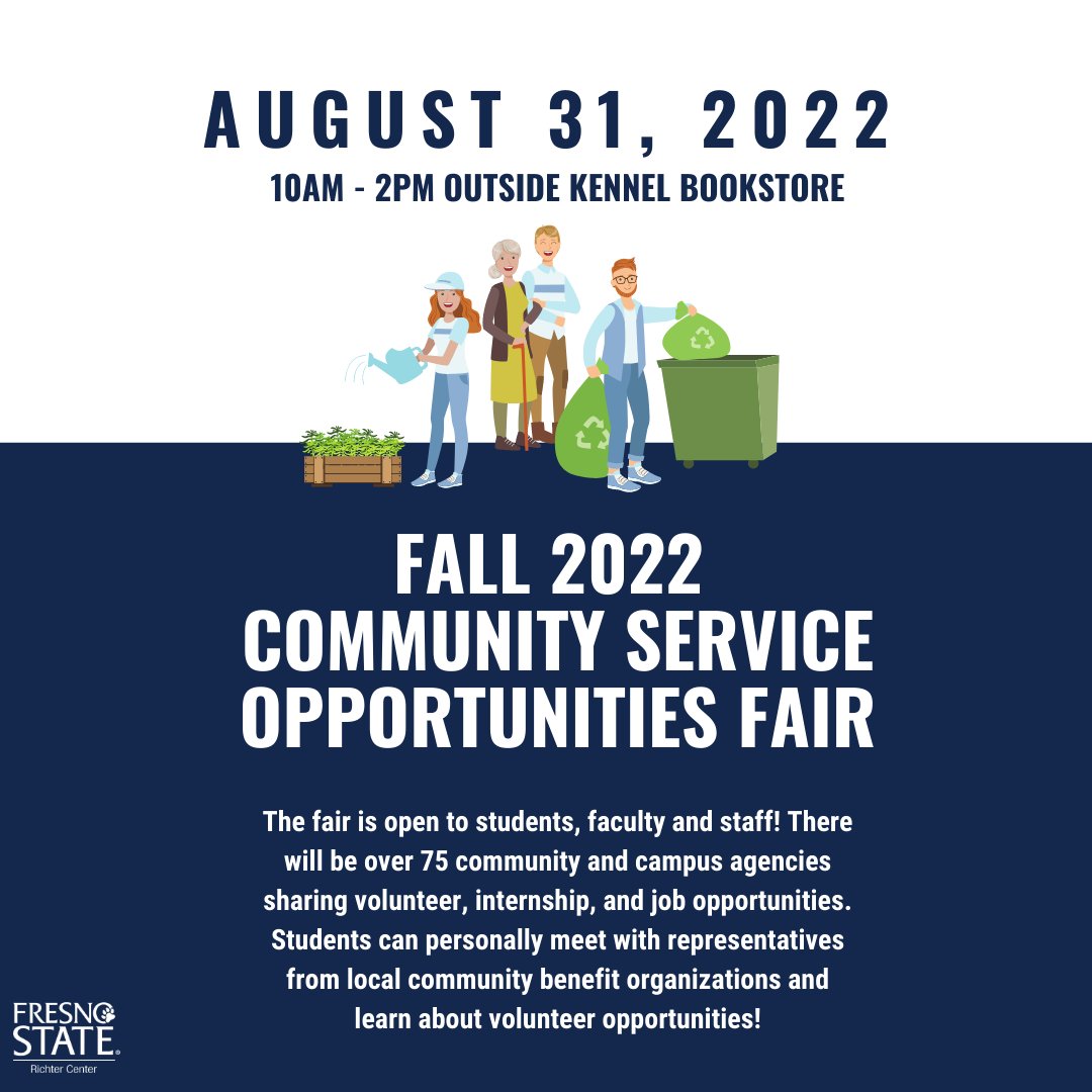 Bulldogs! Looking for community service opportunities for the upcoming Fall 2022 semester? Join us in the Memorial Gardens (in front of Kennel Bookstore) on August 31, 2022 for our Community Service Opportunities Fair. We will have over 75 agencies attending! <a href="/Fresno_State/">Fresno State</a>