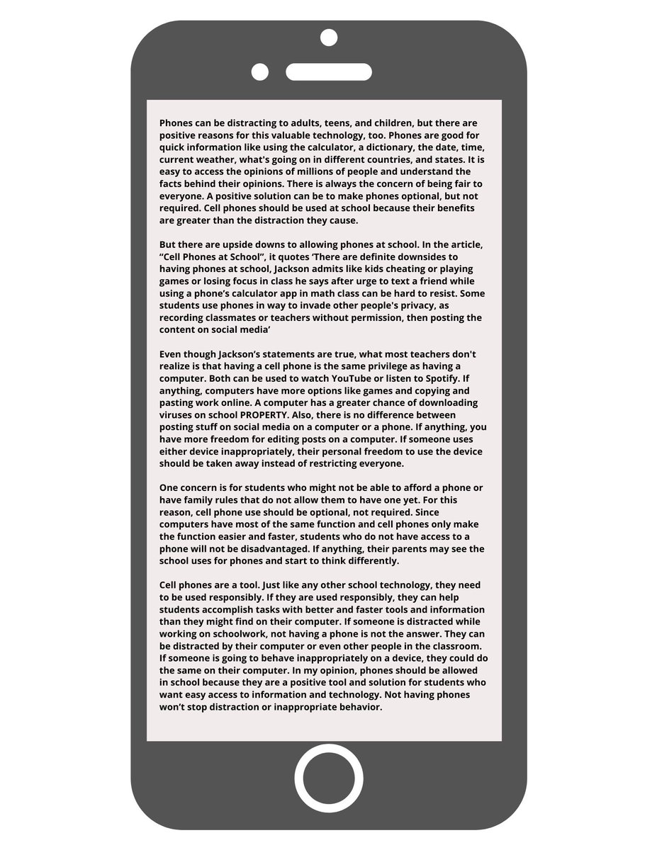 SkylineSTREAM's tweet photo. 3rd day of #6thGrade my son was asked to write about cell phones in #school (they are 1:1 with laptops now). His essay made me think, what if I couldn’t use my cell phone for #work? Here it is-straight from the desk of an 11-yr-old! #futureready #NextGenEd #middleschool #teaching https://t.co/LkPk4o7qOj