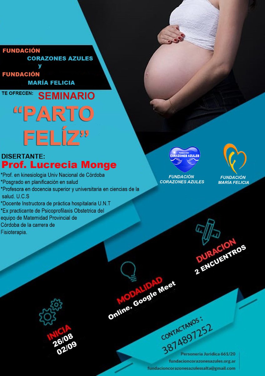 No podés dejar de participar de este Seminario "PARTO FELIZ”.🤱🤱🤱
Temas:
🤰 FORTALECER Y PREPARAR EL SUELO PELVICO DE CARA AL PARTO. 
🤰 EJERCICIOS DE RESPIRACIÓN MINDFULNESS.
🤰 EJERCICIOS PARA TONIFICAR Y FORTALECER LA MUSCULATURA DE LA ESPALDA, ABDOMEN Y LA PELVIS.