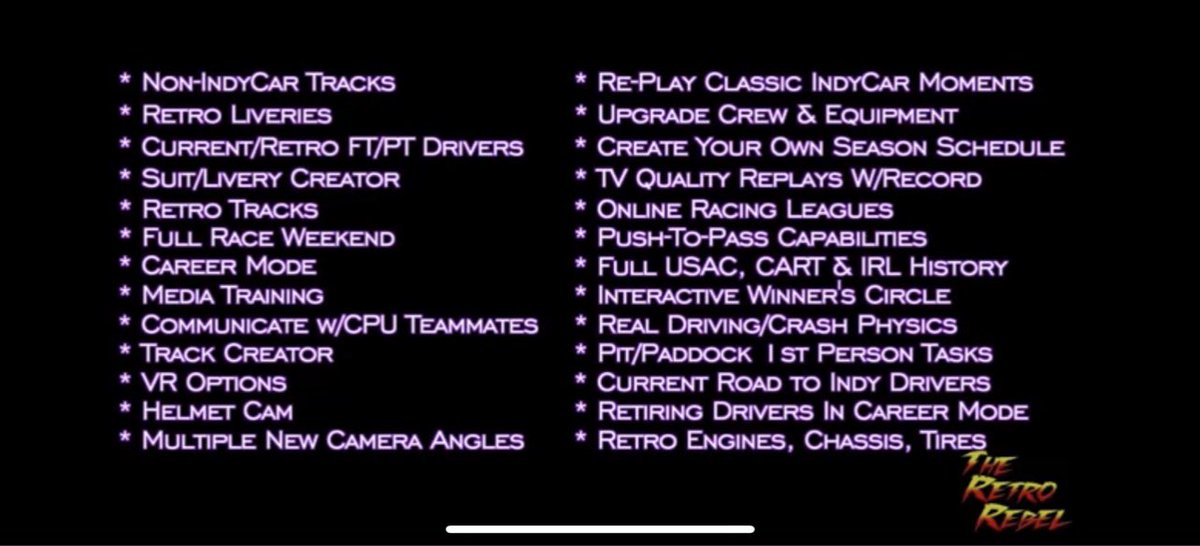_Retro_Rebel_'s tweet photo. @indycargame @EASPORTS @IndyCar Lastly @IndyCarGame/@EASports, here is the list of driver requested features for an #IndyCarVideoGame on the left, & my list on the right. 😉
#IndyCar #IndyCarGame #EASports https://t.co/fHXAvhU6Z7