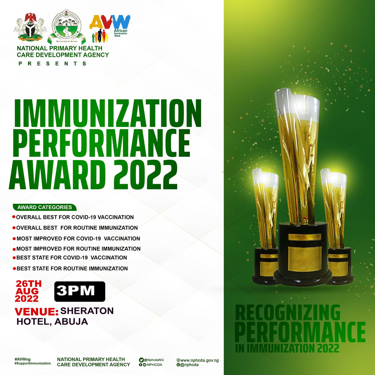 NphcdaNG's tweet photo. As part of activities to mark #AVW2022, NPHCDA will be presenting the 2022 Immunization Performance Award to deserving states. 🏆🏅

We will live stream the event on our social media platforms (Facebook, Twitter &amp; Instagram). 
Keep a date with us tomorrow at ⏰3:00pm! 

#AVW2022 https://t.co/I6o5hhPJvQ