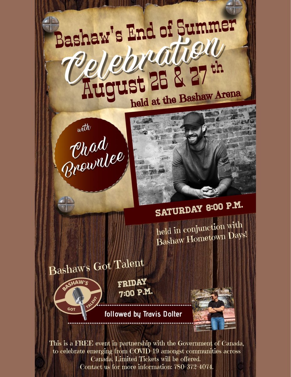 Red19Entertain's tweet photo. Happy to be helping out with this show coming up this weekend!  Gonna be a good time down in Bashaw AB with @ChadBrownlee and @TravisDolter!  Looking forward to seeing everyone there! #summerconcerts #EndOfSummer https://t.co/taN37PHLEt