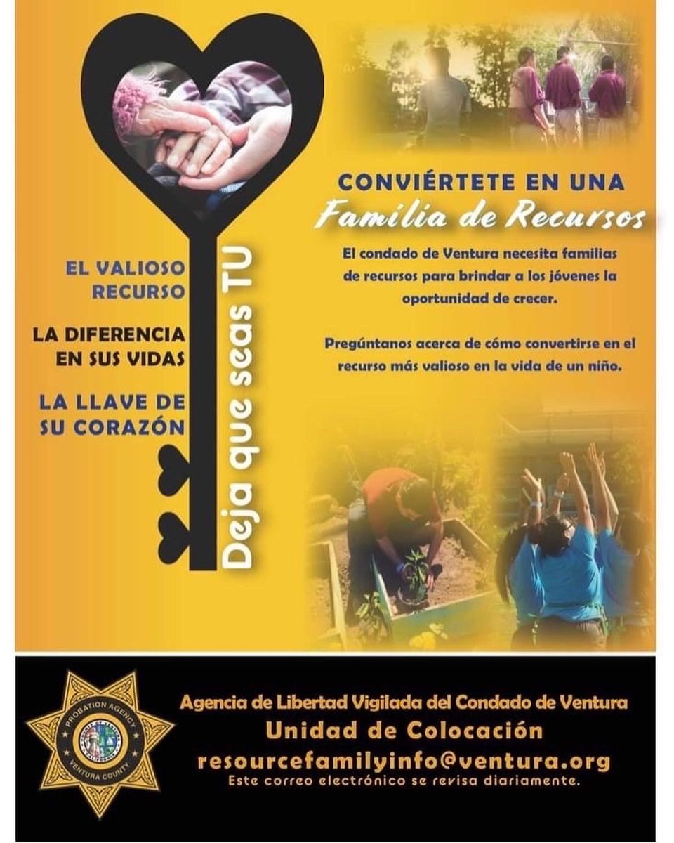 VtaCoProbation's tweet photo. The Ventura County Probation Agency is currently recruiting Resource Families for youth in care.  If interested, please email the VCPA Placement Unit at resourcefamilyinfo@ventura.org.  Thank you! https://t.co/1kckzfdXV1