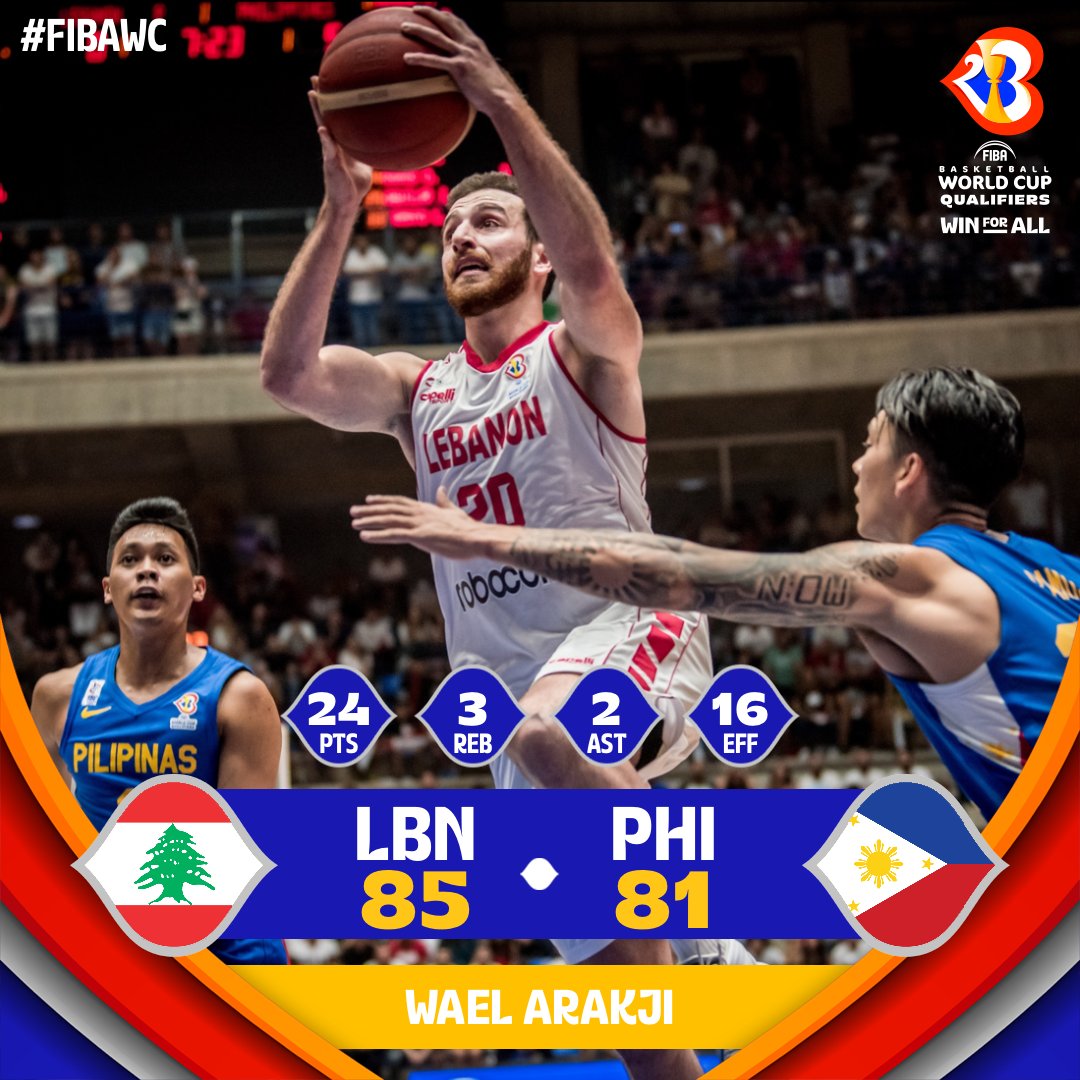 FIBAWC's tweet photo. Homecourt: DEFENDED ✅

The Cedars 🇱🇧 take a MASSIVE win in front of a booming home crowd after holding off Jordan Clarkson and Gilas Pilipinas! 

#FIBAWC | #WinForLebanon 

📺 https://t.co/4Q4fptF5Rc https://t.co/vJsxKgFLak