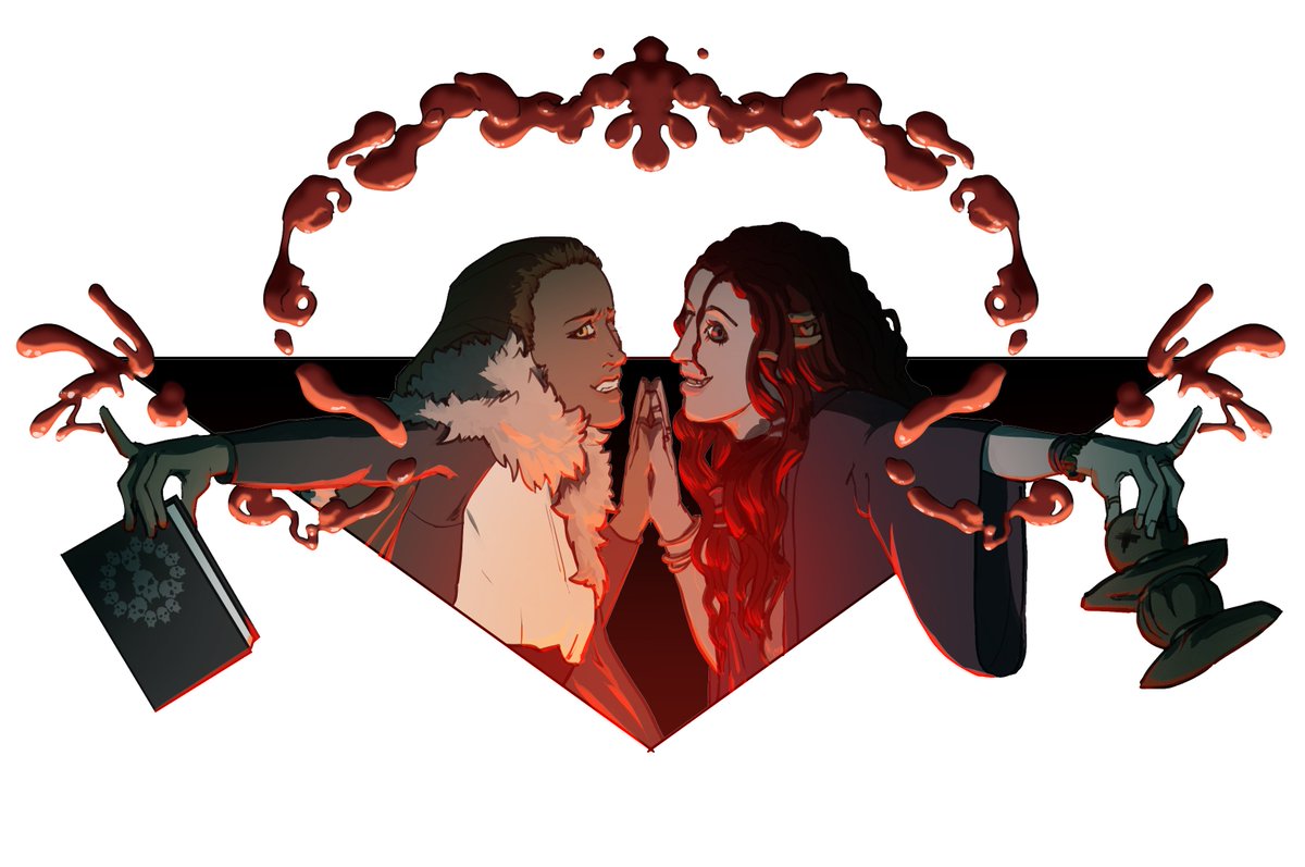 Horrible horrible girls doing horrible blood magic together. 
Elenor, on the right, belongs to @sagedufraine. Drawn for #Artfight2022. And that's the last of them!
