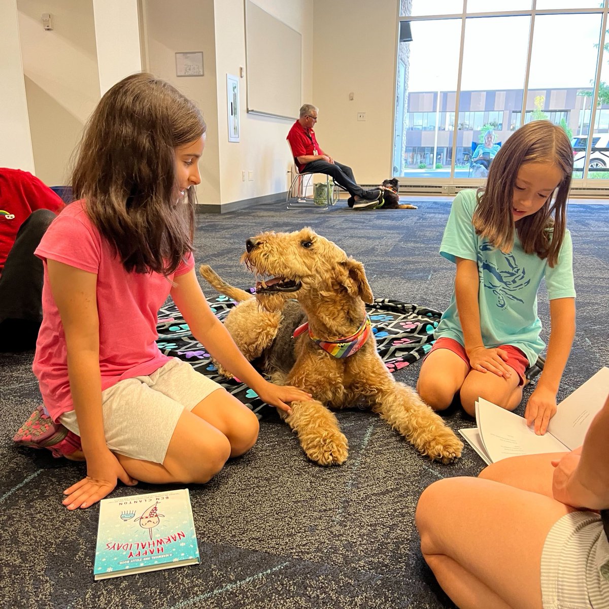 CookLibrary's tweet photo. A round of "a-paws!" for our readers who read to the Rainbow Animal Assisted Therapy dogs for our Paws for Reading program! We had so much fun! 🐾📚

#AspenDriveLibrary #CookParkLibrary #PawsforReading https://t.co/Hf11szNtMt