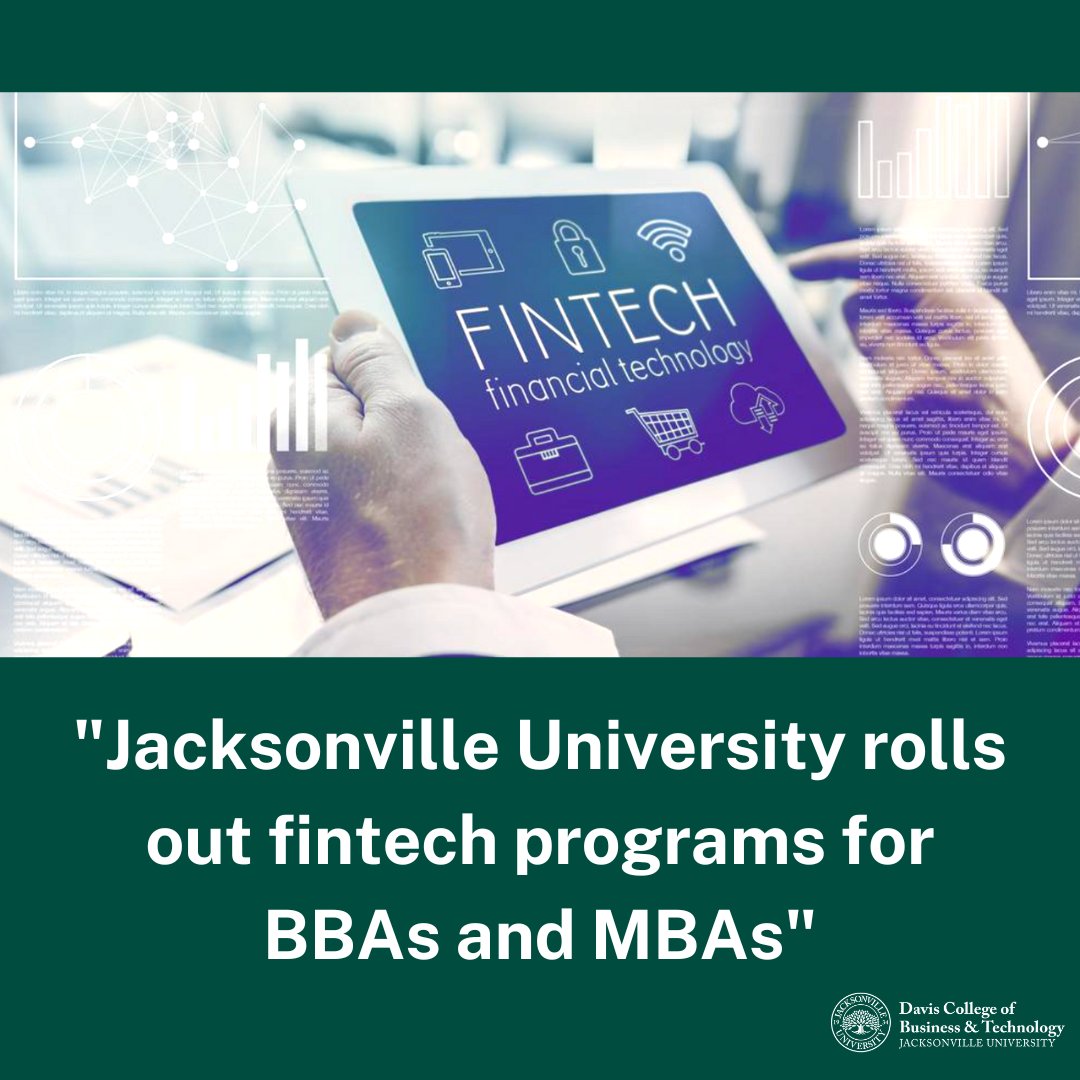 JUbusiness's tweet photo. With the fintech sector booming across the country, @JacksonvilleU is now offering fintech programs to students enrolled in our BBA & MBA programs.
--
To read the @JaxBizJournal article, click the link below!
https://t.co/Dpbzz7omBB
#JUBusinessandTechnology #PHINtech #Fintech https://t.co/fvbMqu5Vdc