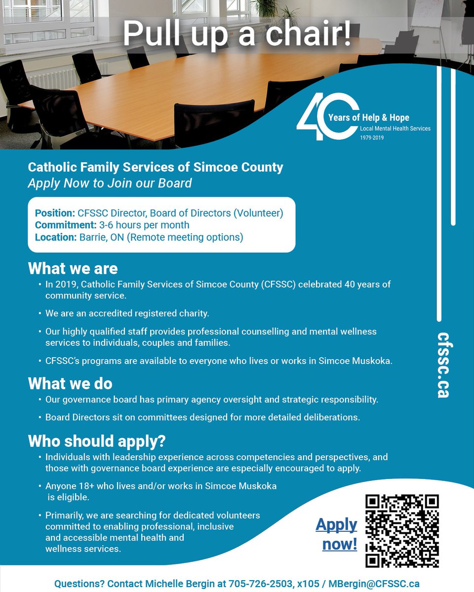 CFSCounselling's tweet photo. Do want to make a difference in your community? Pull up a chair! #CFSSC is now accepting applications for its Board of Directors. https://t.co/K9eyqBkmUm https://t.co/V0mMoEBis2
