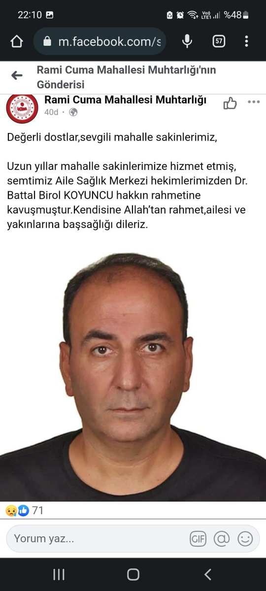 İnna Lillahi ve İnna İleyhi Raciun 
İşyeri HekimimiZ
Battal Birol Koyuncu nun vefat ettiğini az önce öğrenmiş bulunmaktayım.
Rabbim Rahmeti ile muamele eylesin.
Mekanı Cennet olsun inşaAllah