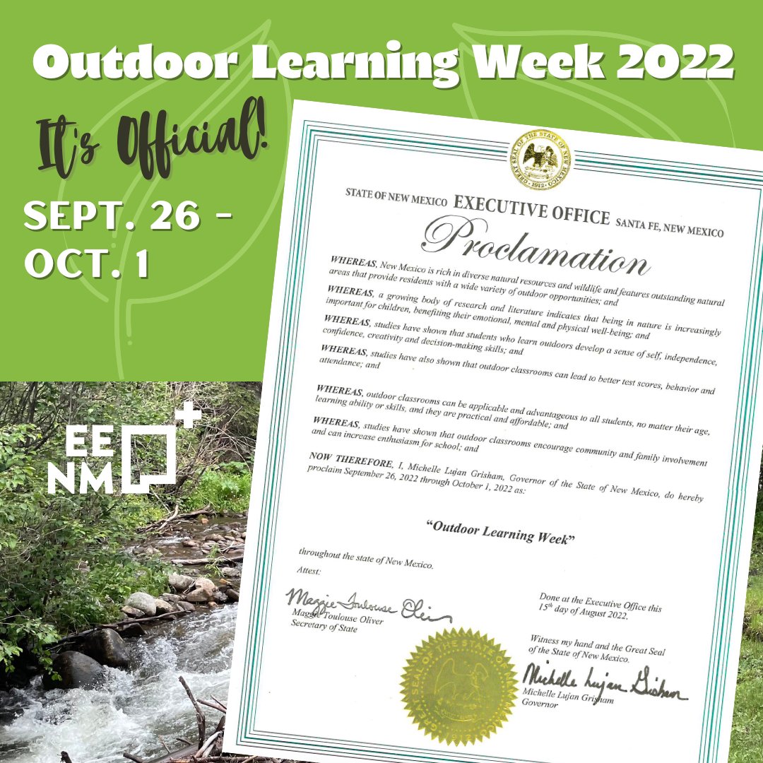 It's official! Thanks to a Proclamation from <a href="/GovMLG/">Governor Michelle Lujan Grisham</a>, the second annual #NewMexico Outdoor Learning Week will be 9/26 - 10/1! If you work with #youth, plan to get them #outside, and stay tuned for details about how EENM will be observing the week. #OutdoorLearningWeekNM #EnviroEd