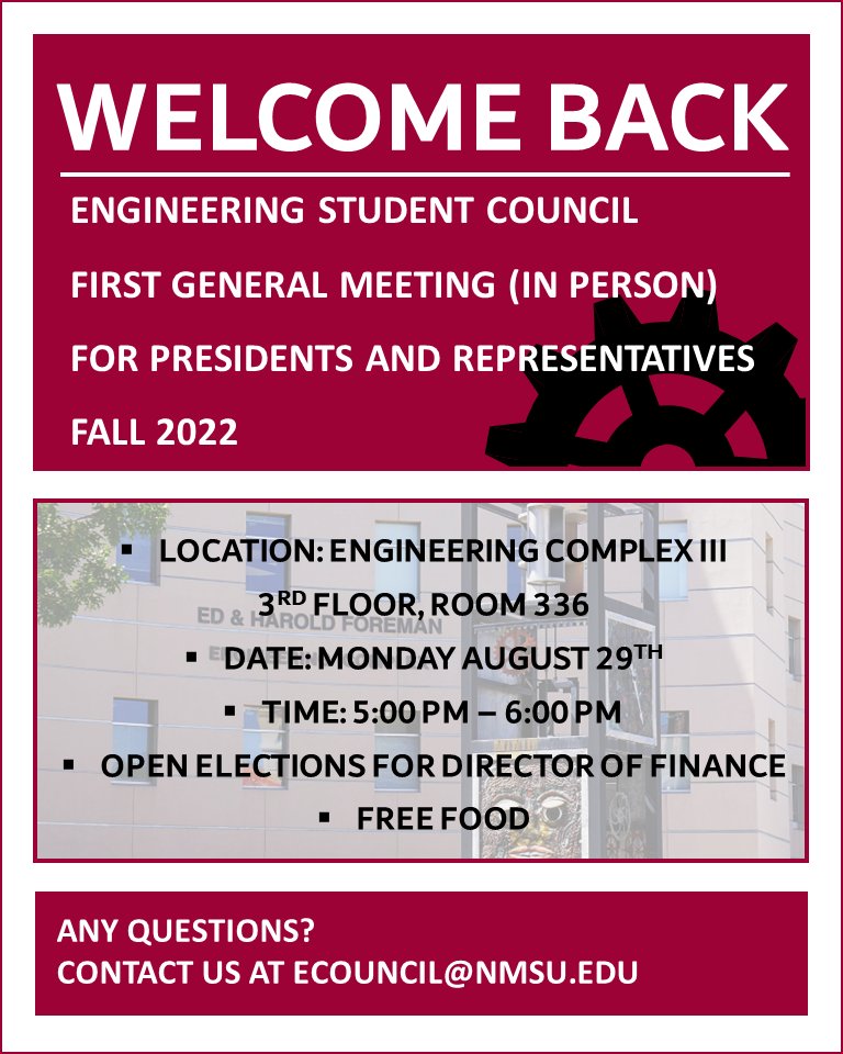 NMSU_engineer's tweet image. Are you interested in joining engineering-focused student organizations? Here are the next meetings for Design Build Fly, the American Indian Science &amp;amp; Engineering Society, E Council and AIAA! #NMSUengineering