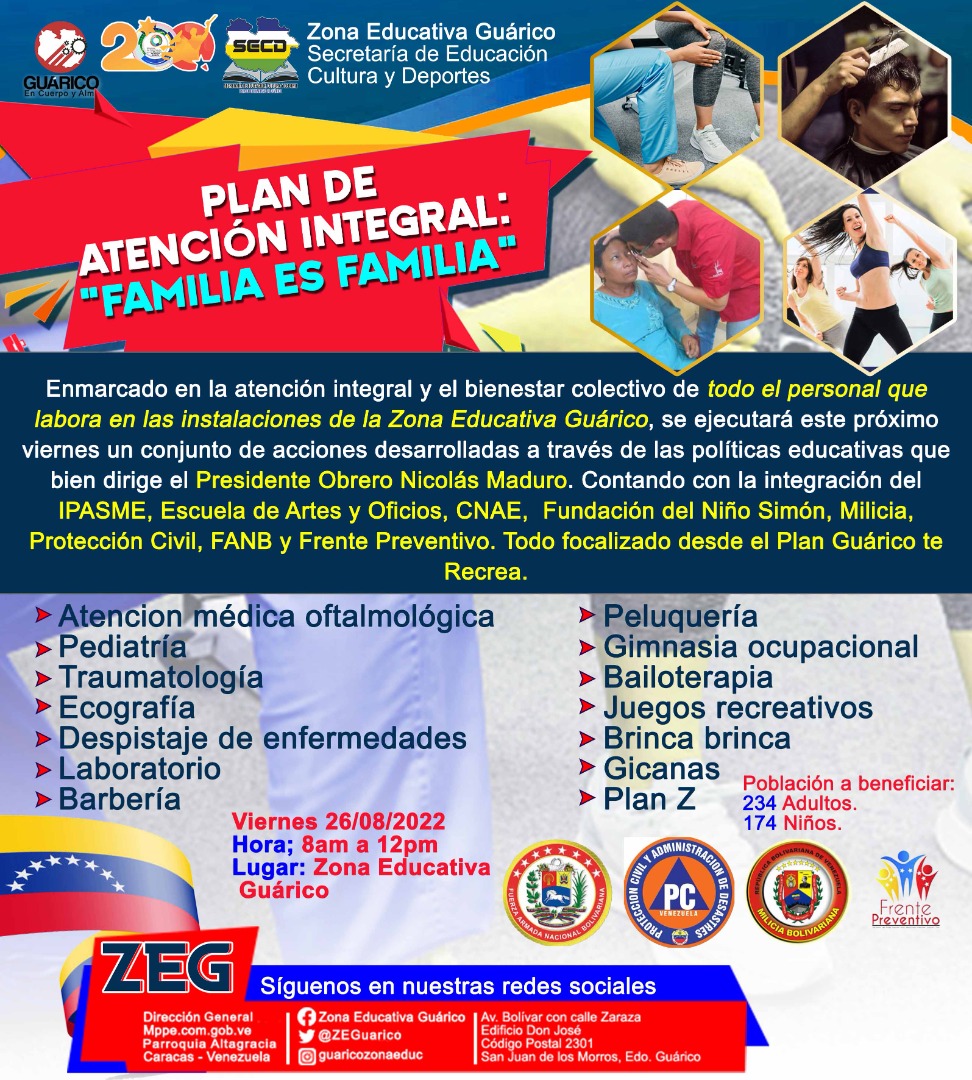 ¡Atención y bienestar para el magisterio!
Bajo instrucciones del Pdte. <a href="/NicolasMaduro/">Nicolás Maduro</a>, de la Min. <a href="/_LaAvanzadora/">Yelitze Santaella</a> y el Gob. <a href="/josemvasquez/">José Vásquez</a>, este viernes #26Ago llevaremos a cabo el Plan de Atención Integral: "Familia es Familia", para todo el personal de la @ZEGuarico.