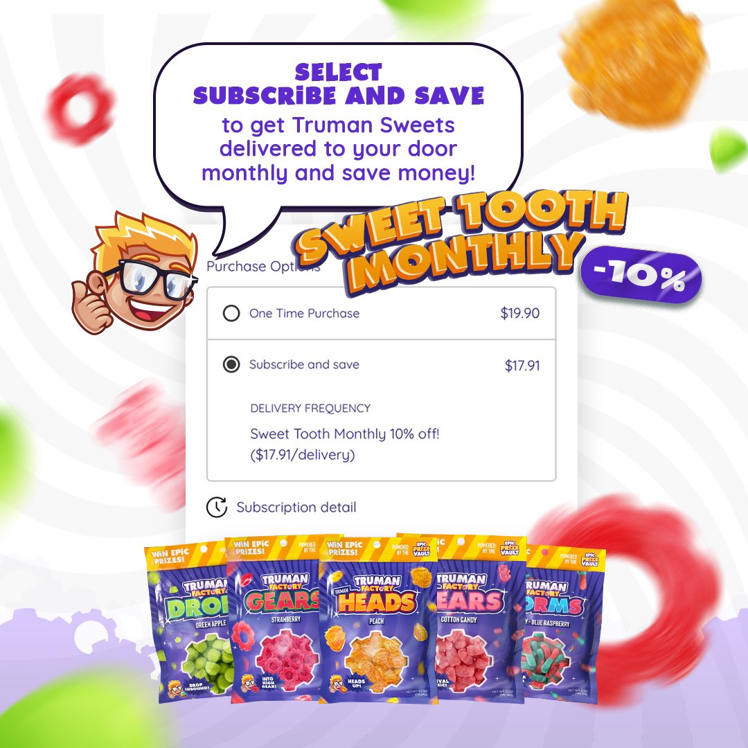TrumanFactory's tweet photo. We now have a subscribe and save option! Get sweets delivered to your door monthly 🥳🤩

And for cheaper!! https://t.co/tkVRTv2qcy
