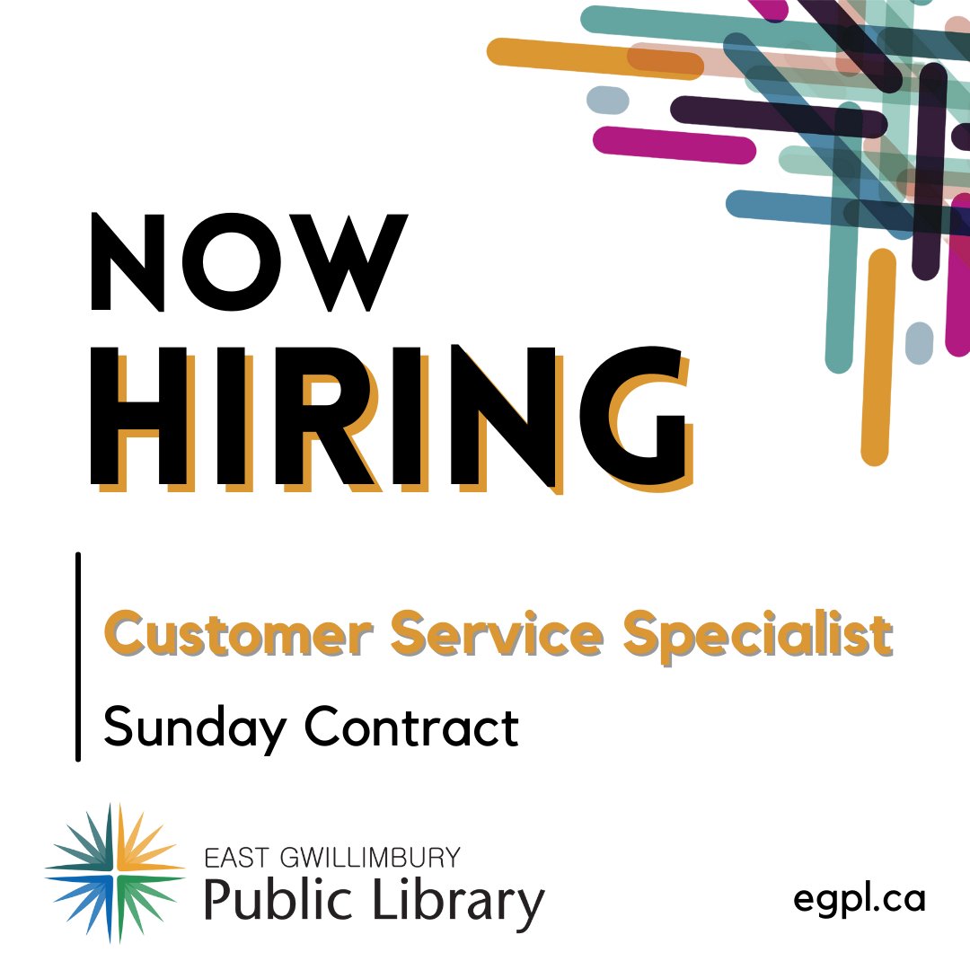 The East Gwillimbury Public Library is soon going to be opening on Sundays again, and we're looking for Customer Service Specialists for our Sunday Contract. If you have some weekend time and want to join our amazing team, check out the posting below ow.ly/S5xP50Ksyv7