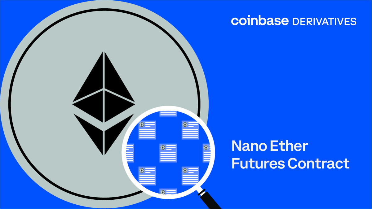CoinbaseMarkets's tweet photo. Coinbase Derivatives Exchange will launch its second listed crypto derivatives product this Monday, August 29th, Nano Ether futures contract (ET).

ET futures will be accessible for trading via several leading third-party retail brokers and clearing firms upon its launch. https://t.co/6OWTPogdJ0