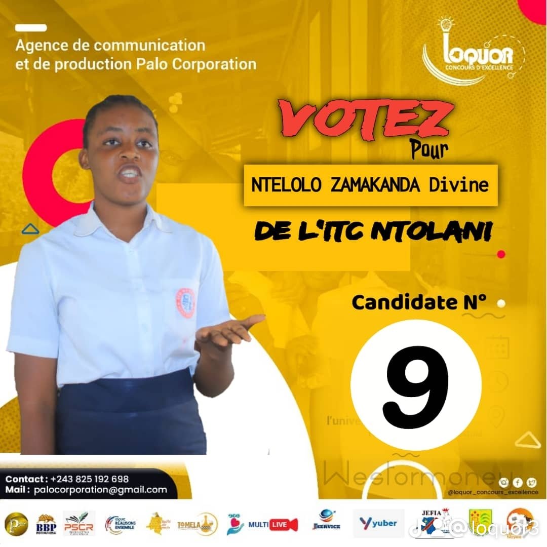 Concoursloquor's tweet photo. 💯💯💯EXETAT💯💯💯

Ntelolo Zamakanda Divine 3ème du concours scolaire féminin Loquor a bénéficié de notre encadrement et est enfin diplômée avec 72%.
Elle est directement engagée dans Masanga Kongo grâce à Palo Corporation.

Félicitations à toi Divine, nouvelle Ambassadrice !!! https://t.co/P0yQcdyW9S