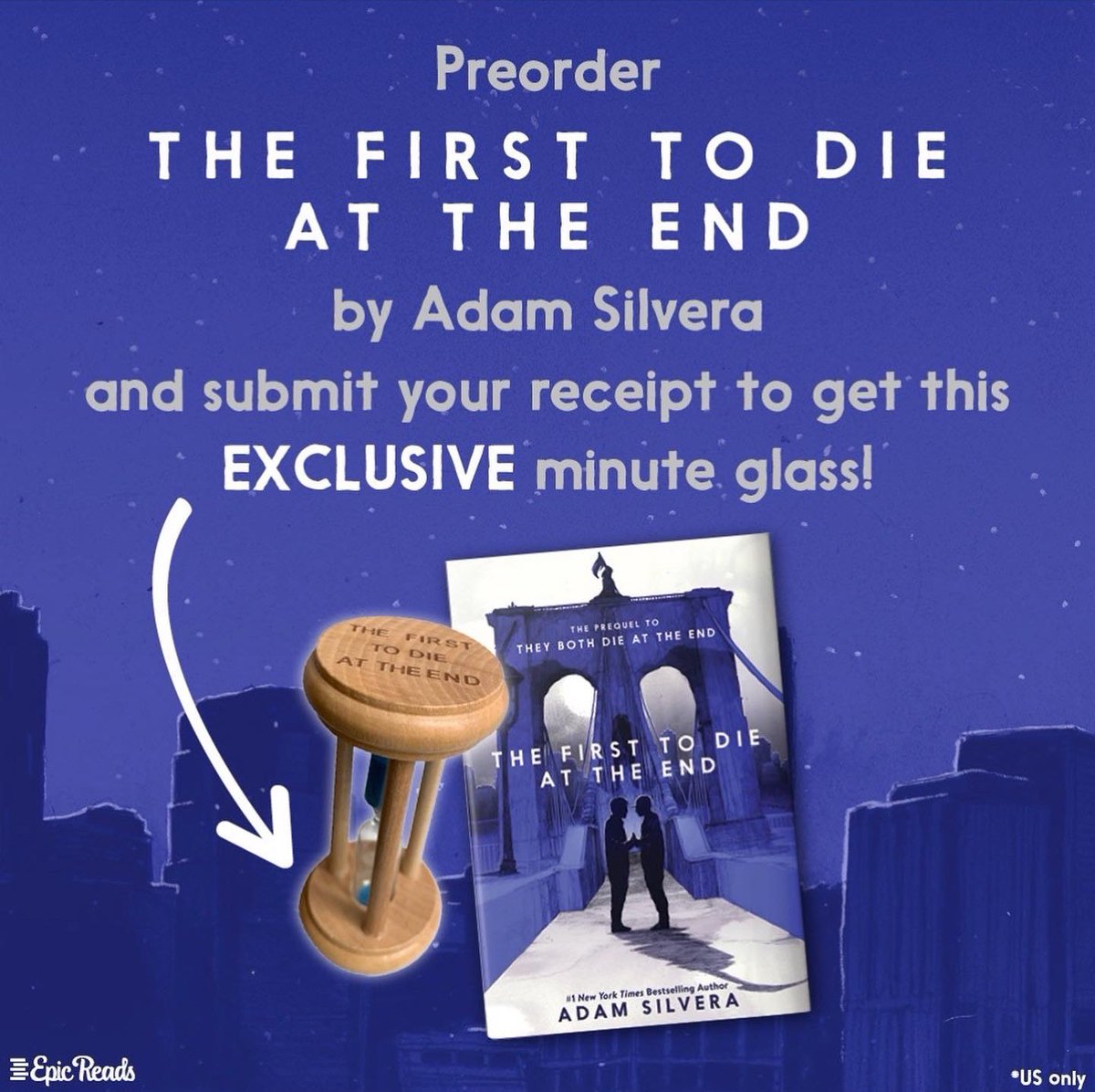 AdamSilvera's tweet photo. Preorder #TheFirstToDieAtTheEnd from any US bookstore/retailer to get your very own THE FIRST TO DIE AT THE END hourglass (technically, it’s a minute glass!) that has blue sand to match the cover. (US only.)

Submit proof of preorder here to claim your ⌛️: https://t.co/vQcvbzuxoP https://t.co/7NfPyW1GF5