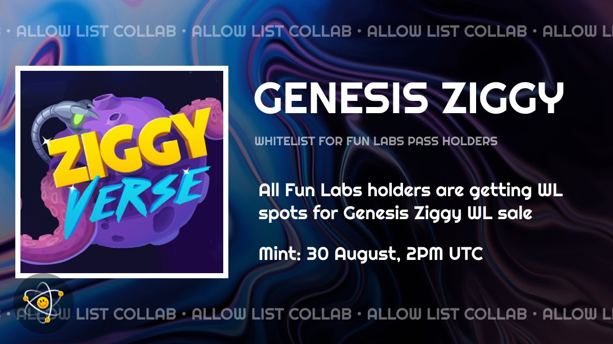 FunLabsNFT's tweet photo. @ziggyverse x @FunLabsNFT collab

⚡️ ALL #FunLabs Pass Holders will gain WL for the Genesis Ziggy sale

👉 Snapshot taken 29th August, 2PM UTC (24 Hours before WL Sale)

More info — https://t.co/JodiWyeATJ https://t.co/iW6e7OSgfI
