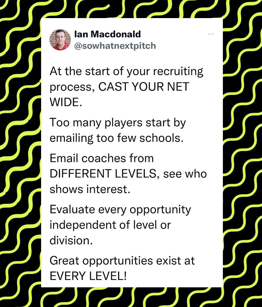 RRecruiting_'s tweet photo. More great recruiting information from @sowhatnextpitch! “CAST YOUR NET WIDE.” When creating your target list of schools, break it up into three categories: Reach, Attainable and Safety. And remember, the more emails you send the more chances someone is reading them. #getrecuited https://t.co/UYmK2LLucw