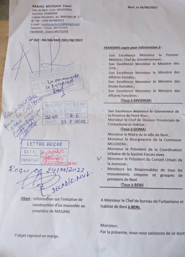 CMutsuva's tweet photo. #BENI
Tôt ou tard justice sera rendue.
Je viens de saisir le service de l'urbanisme et obtenir envie favorable pour la construction du mausolée des 1ères victimes des massacres en ville de Beni le 15 octobre 2014 à NGADI.
Ensembles construisons un mausolée d'honneur à #MASIANI. https://t.co/Nozm3ELI2F