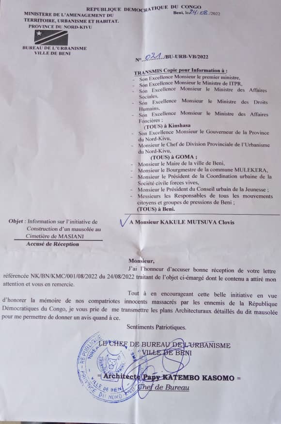 CMutsuva's tweet photo. #BENI
Tôt ou tard justice sera rendue.
Je viens de saisir le service de l'urbanisme et obtenir envie favorable pour la construction du mausolée des 1ères victimes des massacres en ville de Beni le 15 octobre 2014 à NGADI.
Ensembles construisons un mausolée d'honneur à #MASIANI. https://t.co/Nozm3ELI2F