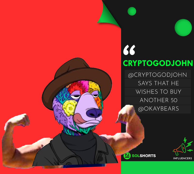 SolShorts_io's tweet photo. 📢Influencers:  @CryptoGodJohn conviction in @okaybears  is evident by his tweet today, he wishes to buy another 50 @okaybears ...
Read more: https://t.co/sqcTMbD5r0 https://t.co/puqVV3PMUW