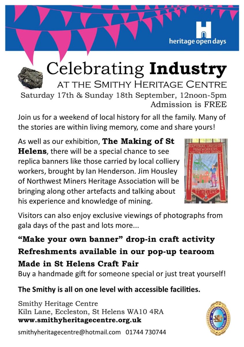 smithyheritage's tweet photo. Just over 3 weeks to go until #heritageopendays at the Smithy! Join us for an amazing weekend of local history for the whole community as we celebrate #StHelens #industry. Admission is free! Sat 17 & Sun 18 Sept, 12-5pm. #mining #Pilkingtons #Beechams #brewing https://t.co/FU9aF80aYS