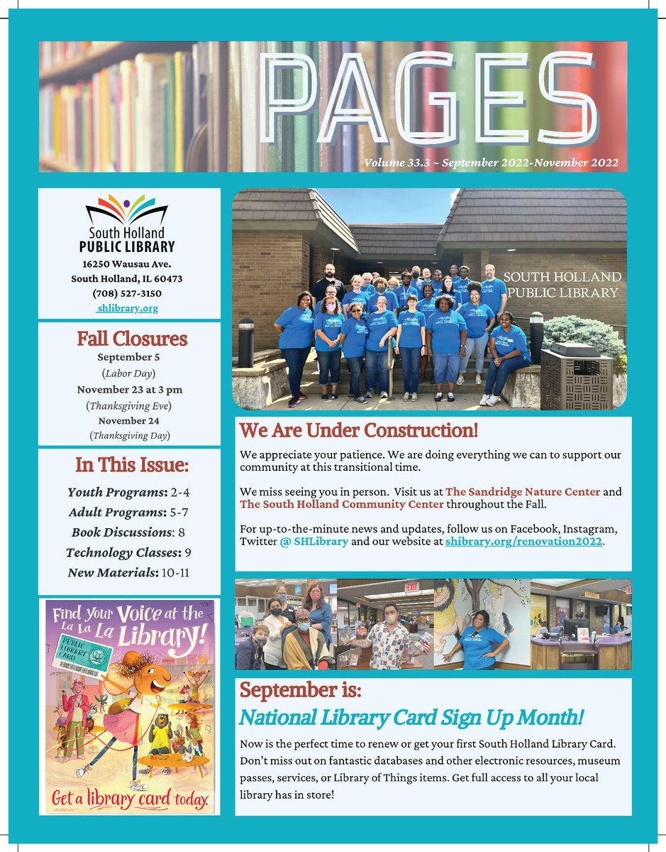 Hot off the press! Check out the newest edition of Pages, our quarterly newsletter, to see all of the announcements and happenings for September, October and November. Pick up your copy today or view the digital version here: shlibrary.org/newsletter