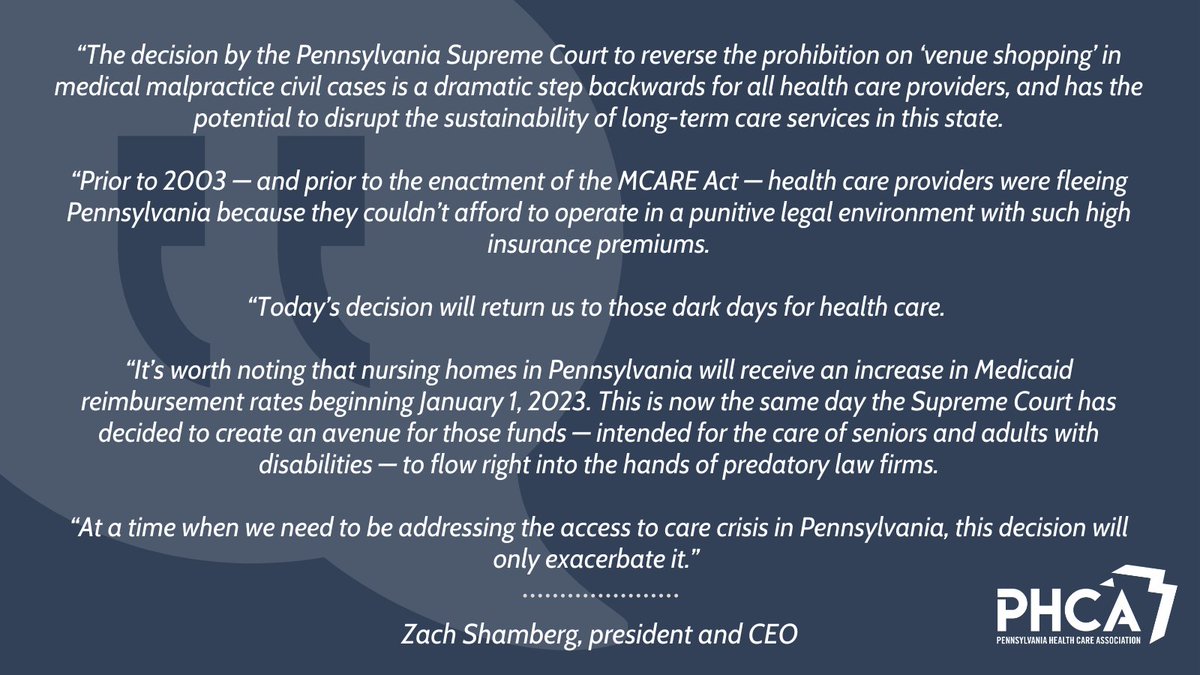 PHCA_Cares's tweet photo. “At a time when we need to be addressing the access to care crisis in Pennsylvania, this decision will only exacerbate it.” 

PHCA's statement on today's @SupremeCtofPA decision on venue shopping.
@GovernorTomWolf @PASenateGOP @PaSenateDems @PAHouseGOP @PaHouseDems https://t.co/wjs8sLBYCK