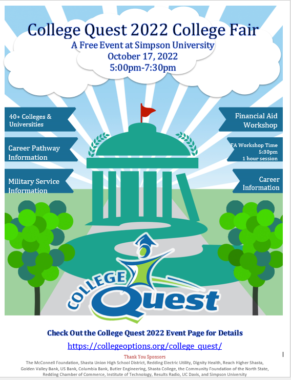 ShastacoeP's tweet photo. Don't miss out! College Quest 2022 College Fair - Happening Oct. 17th! https://t.co/TE2kNRxSQ3 https://t.co/oc8d3mF5hH
