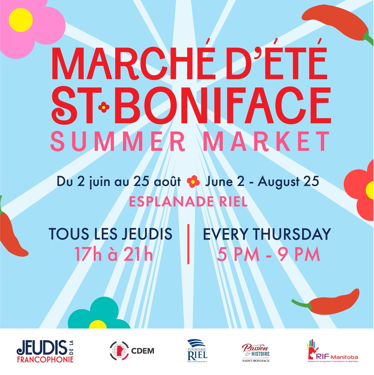 cdemmanitoba's tweet photo. It's our LAST market of the season! Join us on Provencher Bridge from 5-7 pm. Discover a beautiful selection of fresh and local products. 🥦🫑🌶🍅 https://t.co/K1z3ixXb25