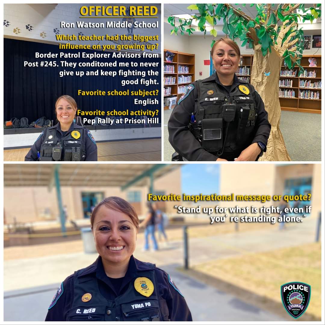 yumapolice1's tweet photo. MEET RON WATSON MIDDLE SCHOOL'S SRO!
Officer Reed is an 11 year officer with #YumaPD and she is the School Resource Officer at Ron Watson Middle School. Home of the Wolves. #YSD1RonWatson https://t.co/RzCfQygz2A