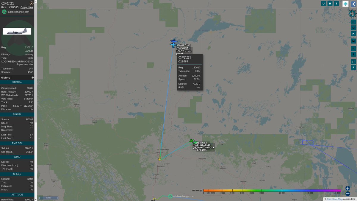 steffanwatkins's tweet image. 🇨🇦 Proving any plane with the PM on it is #CFC1/CFC01, The Right Honourable Justin Trudeau flew to Cambridge Bay, Nunavut on RCAF CC-130J 130610 #CFC01 and his luggage flew on 130602 #CFC02.

(I kid; I have no idea who was on the 2nd plane)
globe.adsbexchange.com/?icao=c2b535,c…
#C2B535 #C2B585