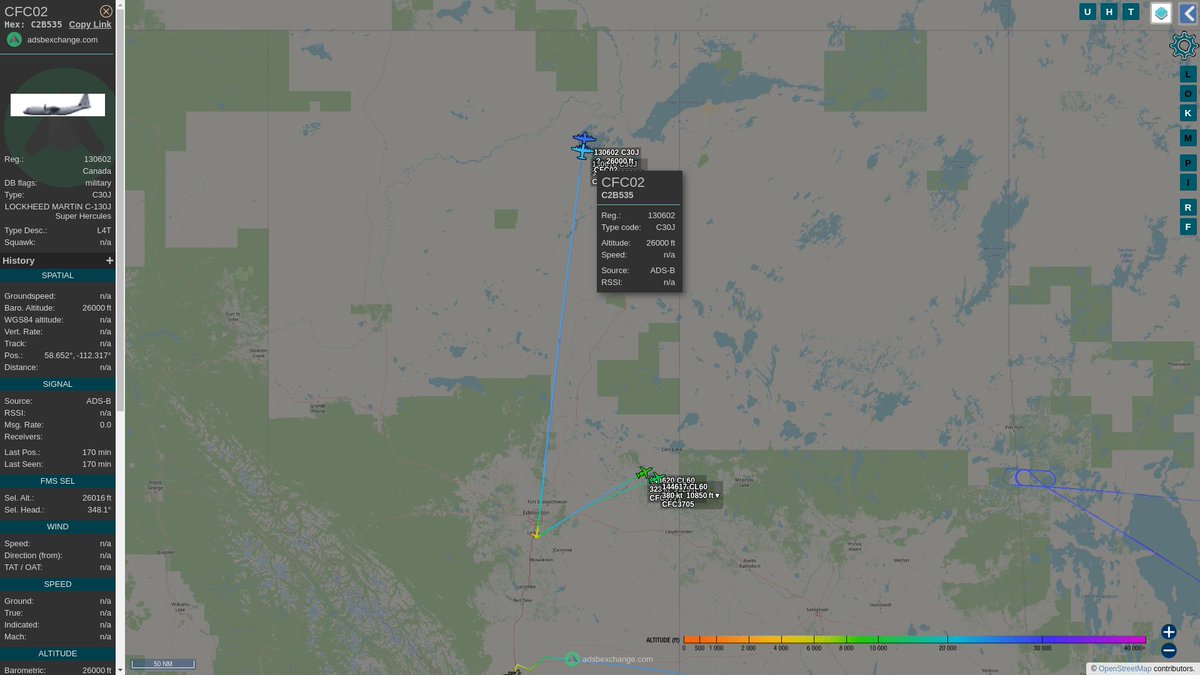 steffanwatkins's tweet image. 🇨🇦 Proving any plane with the PM on it is #CFC1/CFC01, The Right Honourable Justin Trudeau flew to Cambridge Bay, Nunavut on RCAF CC-130J 130610 #CFC01 and his luggage flew on 130602 #CFC02.

(I kid; I have no idea who was on the 2nd plane)
globe.adsbexchange.com/?icao=c2b535,c…
#C2B535 #C2B585