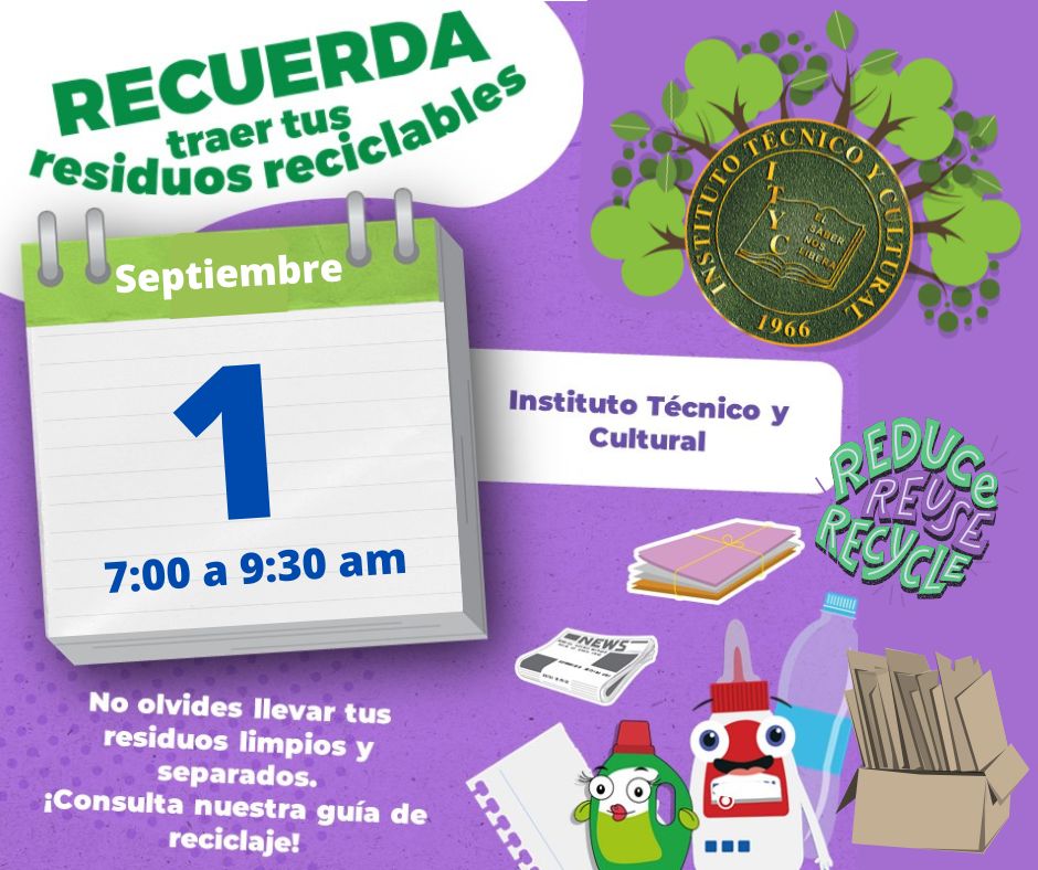 ityc_oficial's tweet photo. #ComunidadITYC el 1 de septiembre tendremos la primer colecta de este ciclo escolar, los invitamos a participar.
Recuerda separar correctamente los residuos. ♻️
Rechazar, reducir, reciclar y reusar es un estilo de vida ITYC. 🌳🌎💧
@Grupo_Promesa
#SeComunITYC #EscuelaPromesa https://t.co/eEMrRJGC74