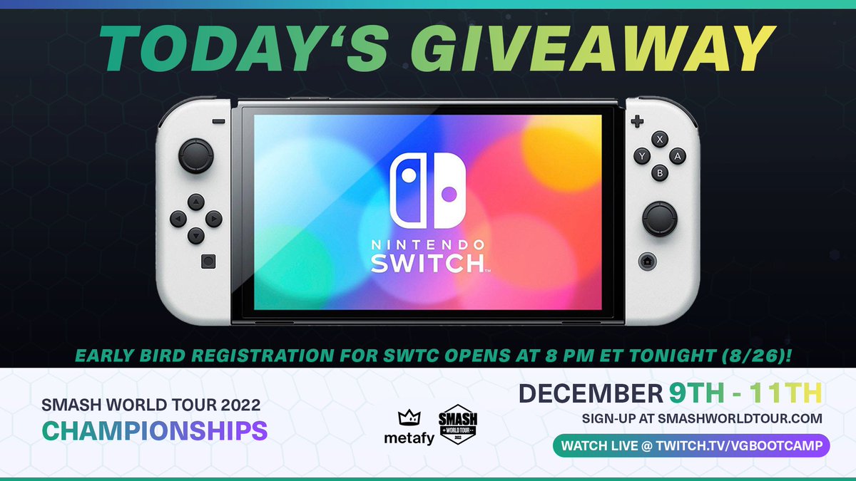 Today's the day! At 8 PM ET tonight, Early Bird Registration opens for the 2022 Smash World Tour Championships! To celebrate, we're giving away an OLED Switch! To enter, all you have to do is like and RT this! Sign-up for #SWTC at 8 PM ET at smashworldtour.com