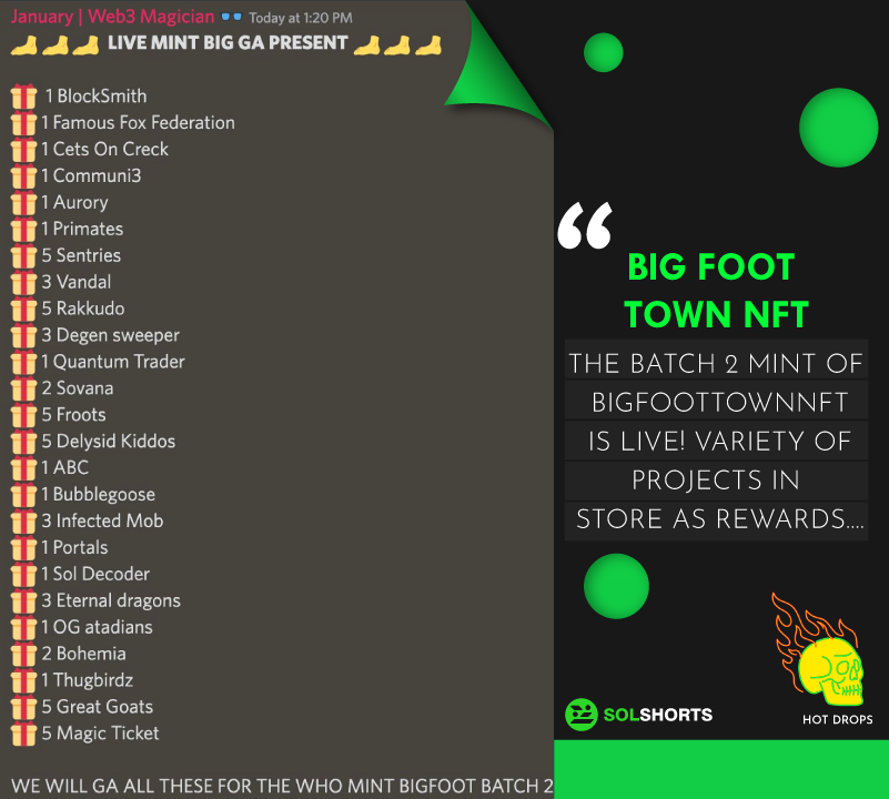 SolShorts_io's tweet photo. 🔥Hot Drops: The Batch 2 mint of @BigfootTownNFT is live! variety of projects in store as rewards....
Read more: https://t.co/sqcTMbD5r0 https://t.co/IfnRImE0v2