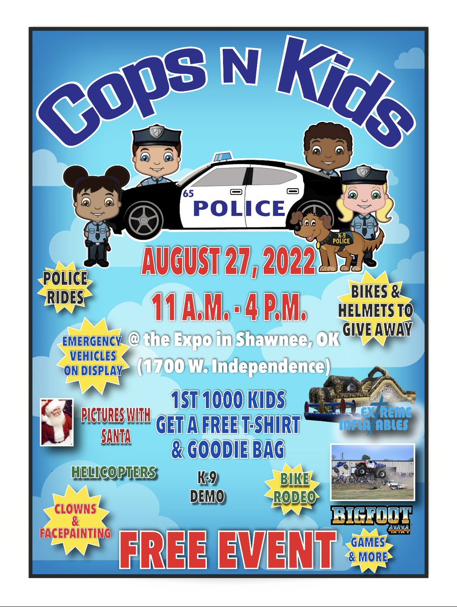 OklahomaOHS's tweet photo. Come out and bring the kids! Be sure to say hello to our Community Preparedness and Public Outreach Coordinator Tracey Bender! #CopsNKids #ShawneeOK https://t.co/rKIbdpESuk