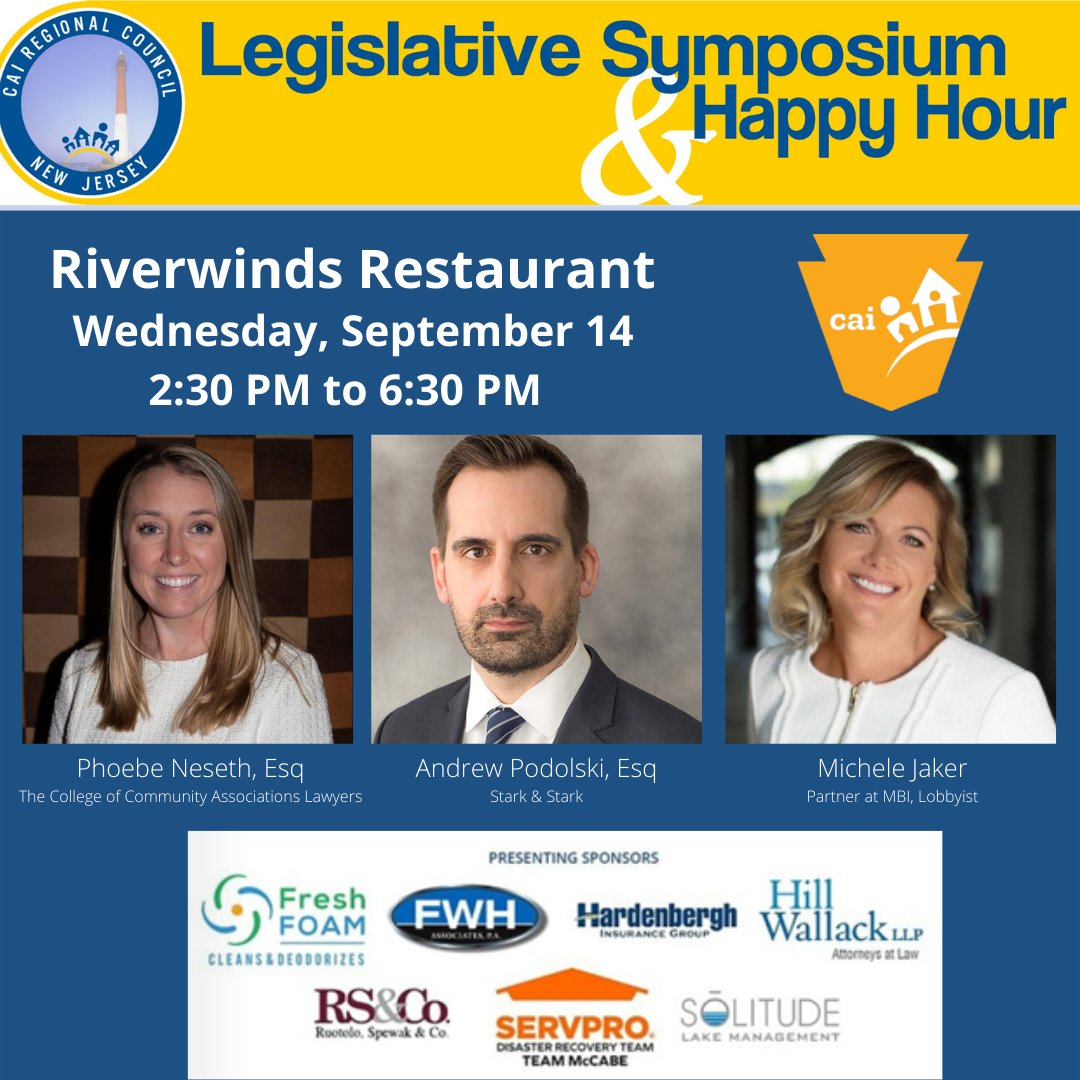 CAI’s NJ Legislative Update will be here before you know it! An awesome program to look forward too🏘️To end the day join us for a networking party happy hour 🍻 #networking #community #lobbyists #legislative

✅Register here: members.caikeystone.org/events/EventDe…

Thank you to our sponsors!