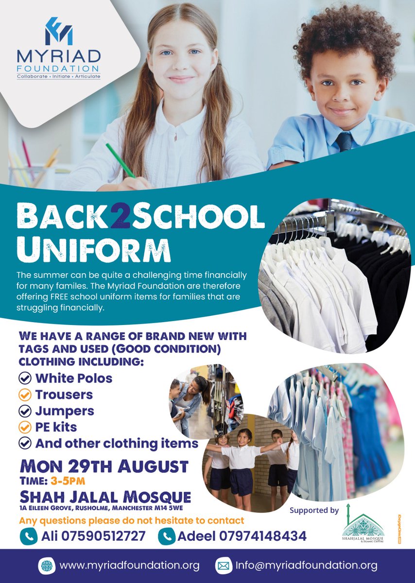 With an increase of living costs leading to many families struggling financially, we offering FREE uniform to the community.

Our first open session will be held this Monday at Shah Jalal (Rusholme) 3-5pm

Please could we all spread the word so those families in need are aware