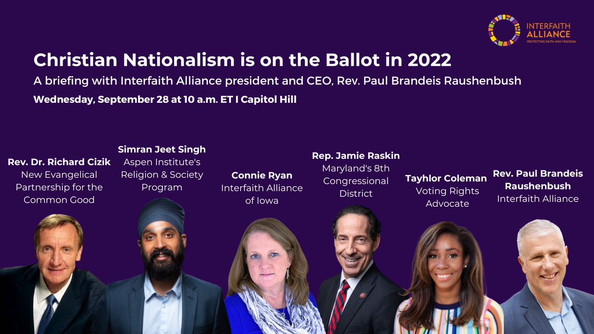 This November, #ChristianNationalism is on the ballot. 

On Sept. 28, join us for a briefing with leading experts on the threat this anti-democratic movement poses to our elections, and our democracy writ large. bit.ly/3QSpvS7