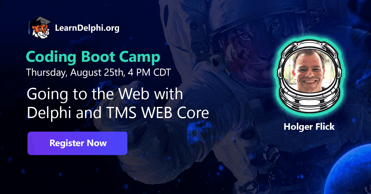 learndelphi's tweet photo. Learn how TMS WEB Core works with Delphi and how to master it quickly by joining Holger Flick in the “Going to the Web with Delphi and TMS WEB Core” session at 4 PM CDT. Click here to register: https://t.co/3iJBG5Zw9i #learntocode #programming #CodingBootCamp2022 https://t.co/N9dzMcubAX