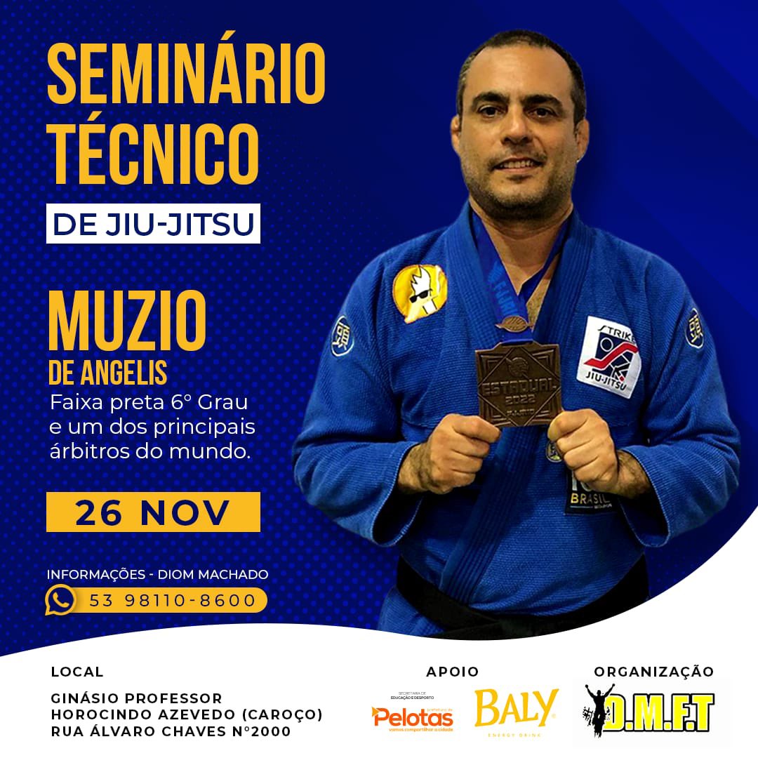 MuzioDeAngelis's tweet photo. Dia 26 de novembro tudo certo para o meu 1º Seminário Técnico na cidade de Pelotas (RS). Obrigado meu amigo Diom Machado pelo convite!! OSS. #muziobjj https://t.co/klznVaQRPj