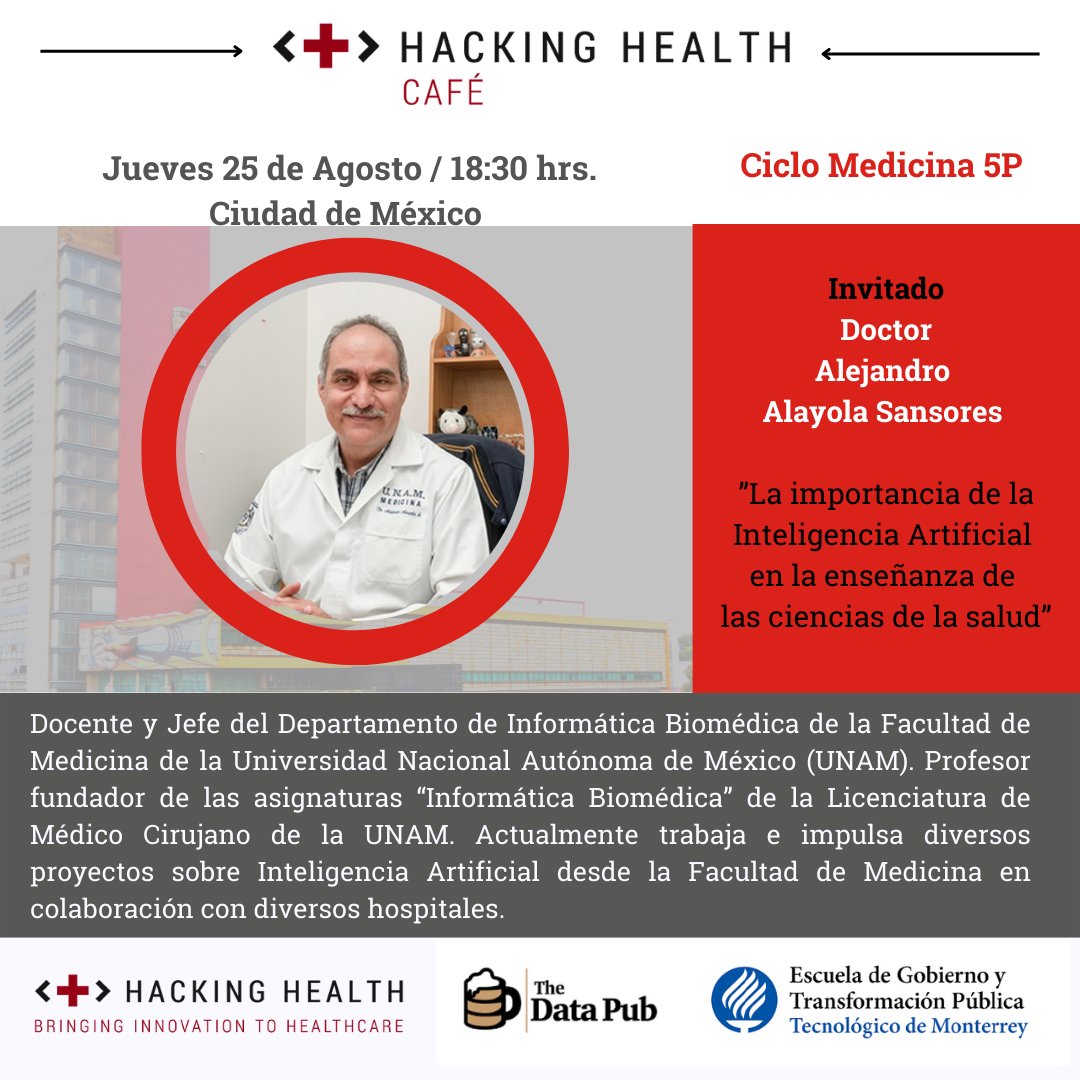 HHMexicoCity's tweet photo. 🤖 #HealthHackers⚠️
Recuerden que hoy tendremos #HackingHealthCafé en alianza con los amigos parroqianos de @thedatapub
Nos vemos a las 6:30pm en @EGobiernoyTP
 para las charlas de #AI en el sector #Salud!
#Medicina5P #ArtificialIntelligence 
Registro en https://t.co/GY9f0C0CSq https://t.co/8iJKU0BC1X